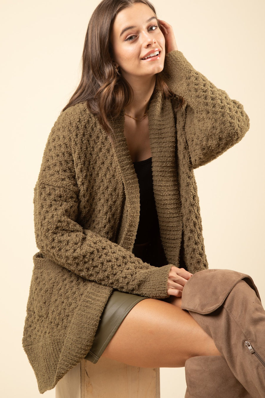 Open Front Comfy Textured Knit Sweater Cardigan
