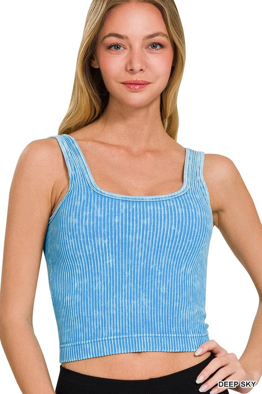 Stone Washed Padded Ribbed Crop Tank