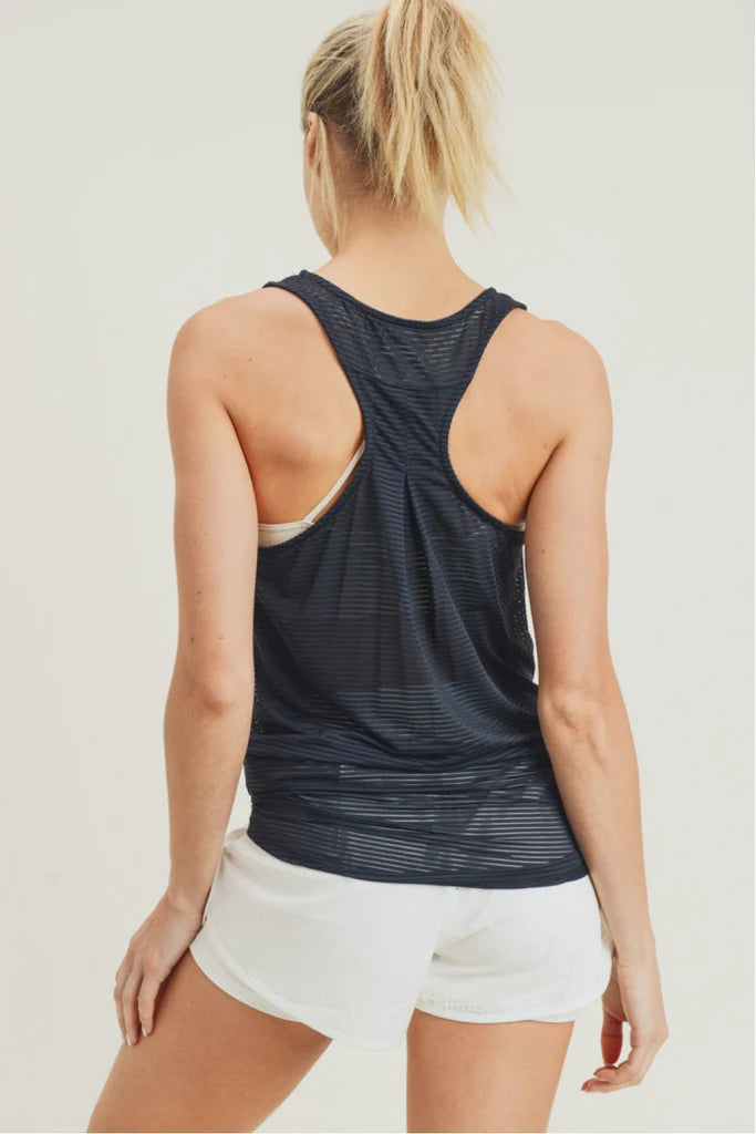 Sheer Striped Mesh Pinched Back Racer Tank