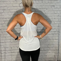 Sheer Striped Mesh Pinched Back Racer Tank
